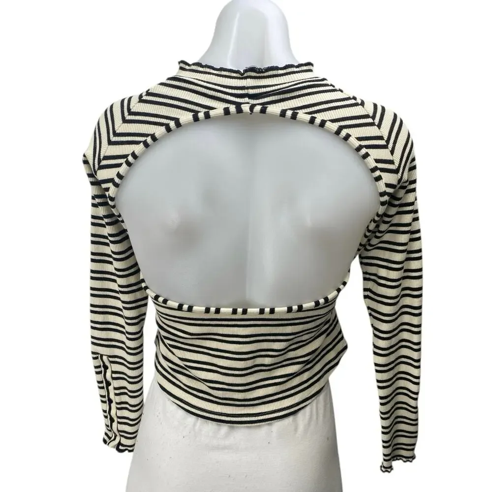 Free People White Black Striped Open Back Long Sleeve Crop Sweater Top Size S